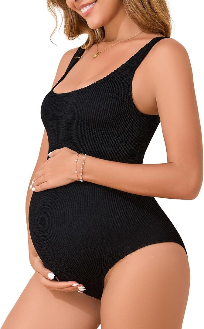 Summer Mae Maternity One Piece Swimsuit Seamless Ribbed Bathing Suit Scoop Neck Pregnancy Swimwear One Size Fits S-XL (Black)
