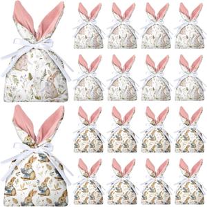 Patelai 16 Pcs Easter Bunny Gift Bags Birthday Decoration Reusable Flannel Bunny Gift Treat Bags with Drawstring Cute Candy Goodie Floral Rabbit Party Favors Supplies for Easter Wedding Tea Party
