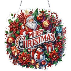 VODAPYC Christmas Santa Diamond Art Hanging Kit for Adults, DIY Double Sided Special Shaped Diamonds Art Window Pendant Ornament for Home Decor(Santa Wreath-2)