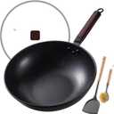 Carbon Steel Wok -13 Inch Woks & Stir-fry Pans Nonstick, Wok Pan with Glass Lid Spatula and Dish Brush: Pre-Seasoned Flat Bottom Chinese Wok for Induction, Electric, Gas, All Stoves