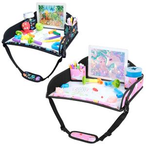COOLBEBE Kids Travel Tray for Toddler Car Seat, 2PCS Travel Tray for Airplane, Toddler Car Seat Lap Tray, Carseat Table Tray for Kids Travel Activities (Dinosaur & Pink Unicorn)
