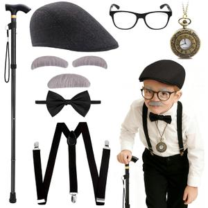 Yaliuliu Old Man Costume for Kids and Boys – 100 Days of School Costume Boys Dress Up, Grandpa Costume with Hat, Glasses, Cane, Suspenders & Mustache