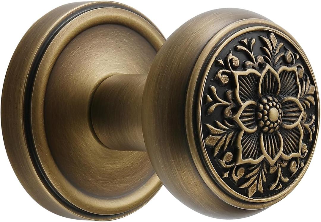Antique Brass Door Knob with Intricate Floral Design  Passage Handles Elegant and Durable for Interior Doors, Classic Vintage Look for Home or Office Decor(Antique Brass, Passage-2.75 in)