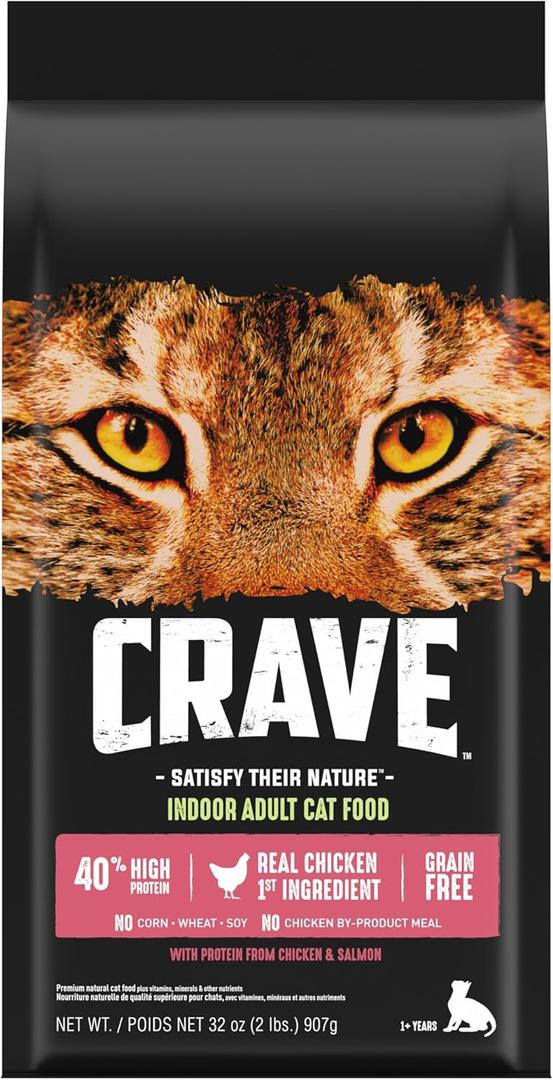 CRAVE Grain Free Indoor Adult High Protein Natural Dry Cat Food with Protein from Chicken & Salmon, 2 Lb. Bag (2 Pound (Pack of 1)), BB Date 01/30/2026