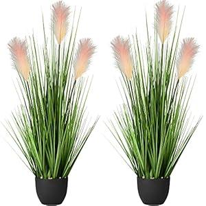 2 Pack Artificial 34" Greenery Floor Plants with Reed Flowers, Tall Fake Plant Potted, Faux Pampas Grass Plants for House Decorations, Lobby, Bathroom, Wedding, Garden Indoor Outdoor(Yellow Gradient)