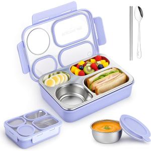 Stainless Steel Bento Lunch Box for kids/Adults with 4 Compartments, 8oz Soup Bowl, Leakproof 3-Seal Lid & Metal Spoon, BPA-Free, Dishwasher Safe  36oz Purple