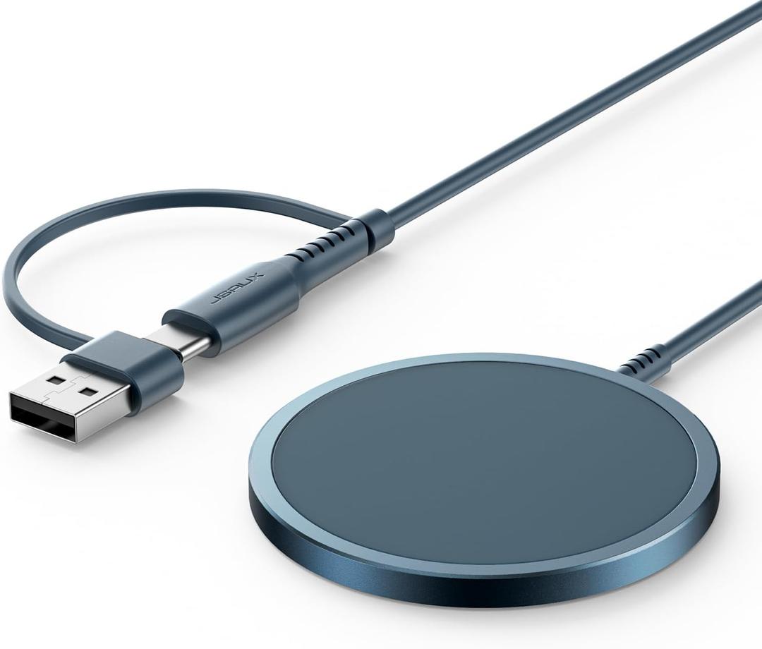 JSAUX Charger for iPhone 17 Magsafe Wireless Charging, Compatible with iPhone 17 Air Pro Max/16/15/14/13/12 Series, Magnetic Mag Safe Charging Pad, Aluminum Alloy, USB & USB C Dual Ports - Blue