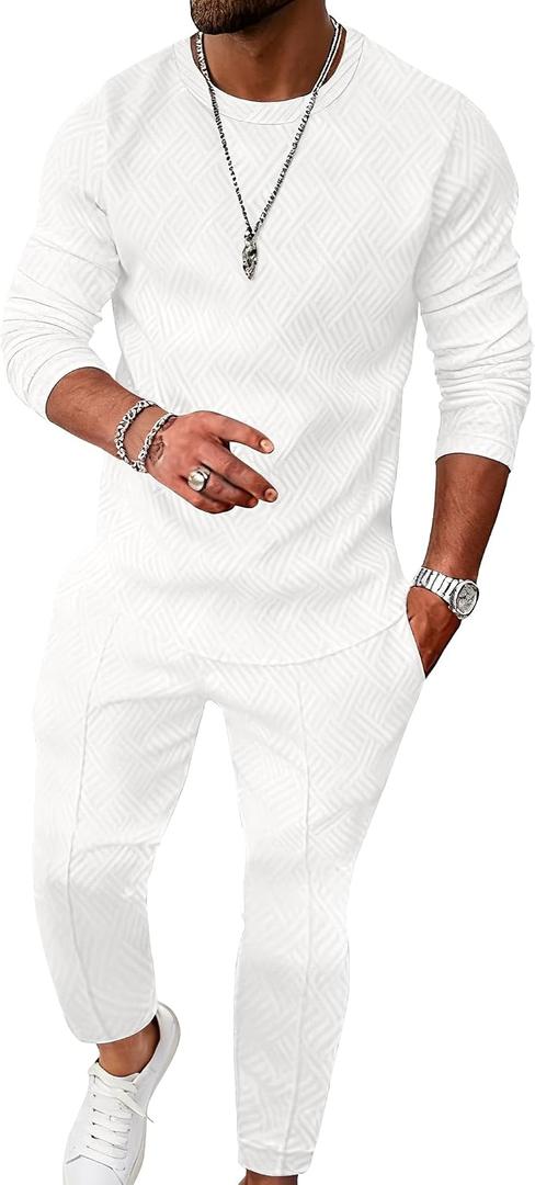 UOUA Men's 2 Piece Sweat Suits Set Long Sleeve Sweatshirt Jogging Sweatpants Tracksuits Outfits White 2XL