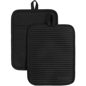 KITCHENAID Ribbed Soft Silicone Pot Holder 2-Pack Set, Matte Black, 7"x9"