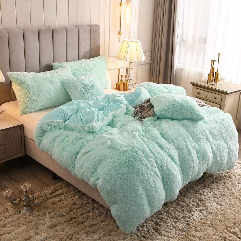 Uhamho Luxury Fluffy 1PC Solid Duvet Cover Faux Fur Plush Shaggy Quilt Cover Velvet Bedspread Zipper Closure, No Pillow Sham, No Comforter (Aqua, Twin)
