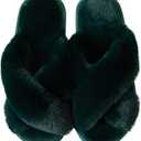 2 x Enteer Women's Slipper Memory Foam Cross Band Fuzzy Slippers Open Toe Cozy House Slippers Cozy Plush Bedroom Indoor Outdoor (Green)