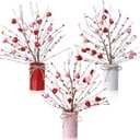 Zeyune 3 Sets Mother's Day Heart Berry Table Centerpiece, 6 Artificial Heart Berry Stems Picks with Metal Vase Pot, Fake Flower Arrangement for Wedding Reception, Mother's Day Decor