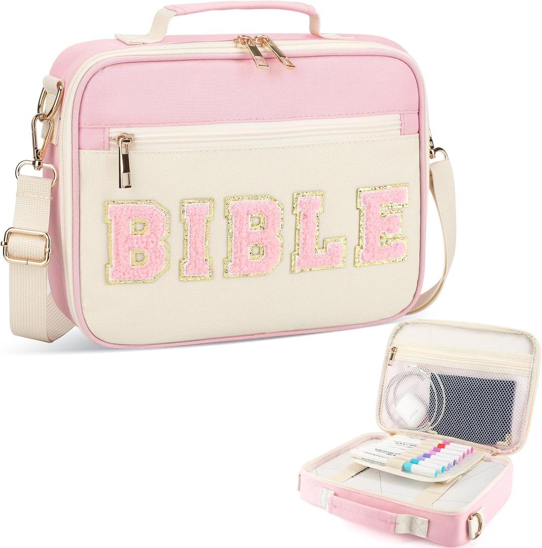 Bible Cover Case for Women Grils, Preppy Bible Bag with Adjustable Shoulder Strap, Waterproof Bible Carrying Tote Bags Holder for Bible Study Supplies Accessories & Christian Gifts (Light Pink, Large)