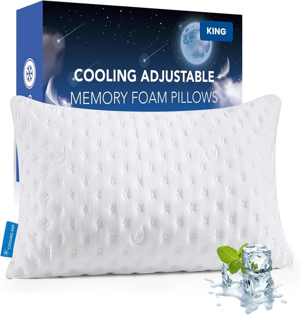 Cooling Side Sleeper Pillow for Adults, Firm Bed Pillow for Side Sleepers Neck and Shoulder Pain, Luxury Shredded Memory Foam Pillow Set of 1- Adjustable King Size- Washable Cover Original White