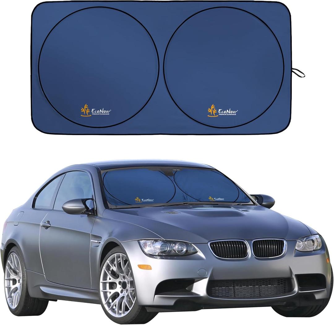Econour Car Windshield Sun Shade | Premium Reflective Sunshade with 300T Polyester for UV & Heat Glare | Car Interior Accessories for Sedans, Mini SUVs & Hatchbacks | Medium (64" x 32") (blue)
