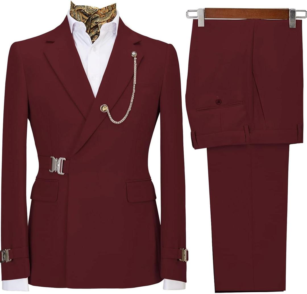 Men's 2 Piece Suit with Metal Clasp Slim Fit Suit Stylish Business & Casual Tuxedo Suit, Medium, Burgundy