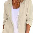 Mina Self 2025 Summer Linen Blazer Women Lightweight 3/4 Stretchy Ruched Sleeve Fully-Lined Casual Work Jacket with Pockets M