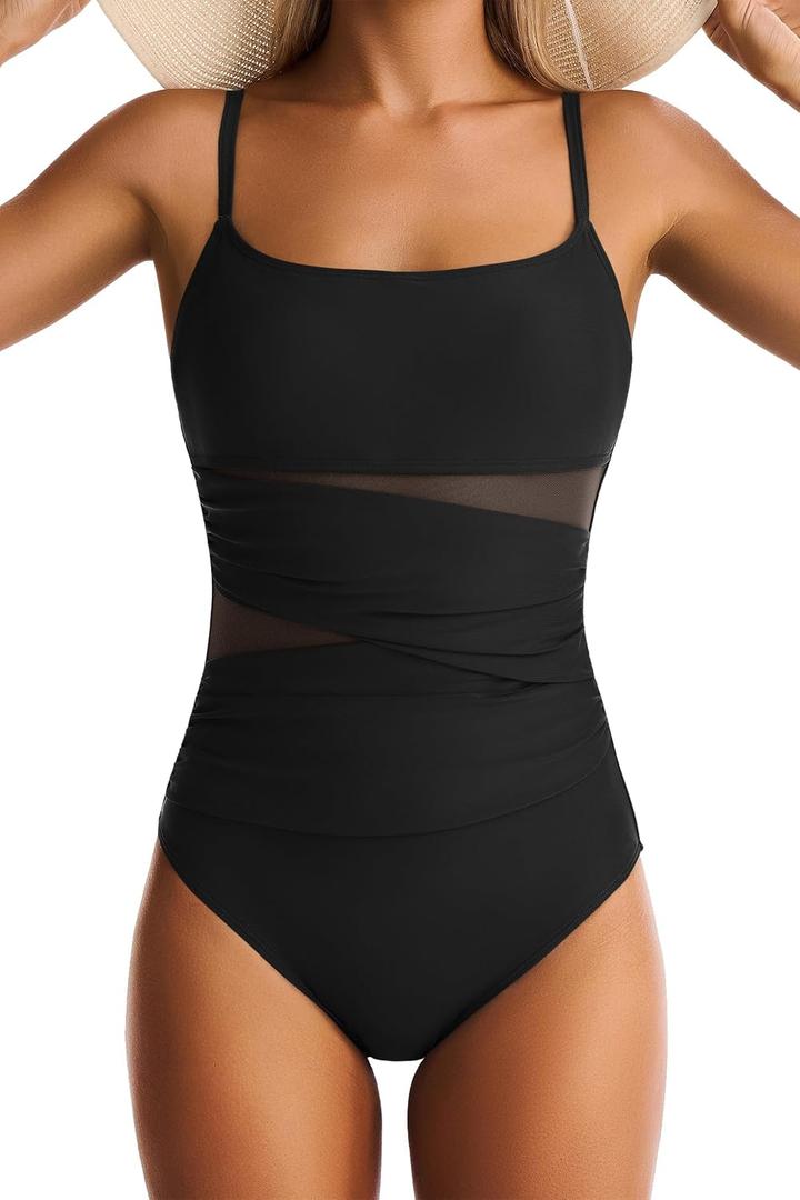 One Piece Swimsuit for Women Tummy Control Mesh Bathing Suits Sexy Push Up Swimsuits Slimming Square Neck Swimwear (Black, XXL)