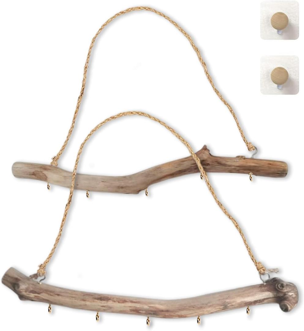 Qenk 2Pcs 15 Inch Natural Driftwood Decorative Branches Farmhouse Home Wall Hanging Decor Hanging Jewelry Organizers with 5 Hooks