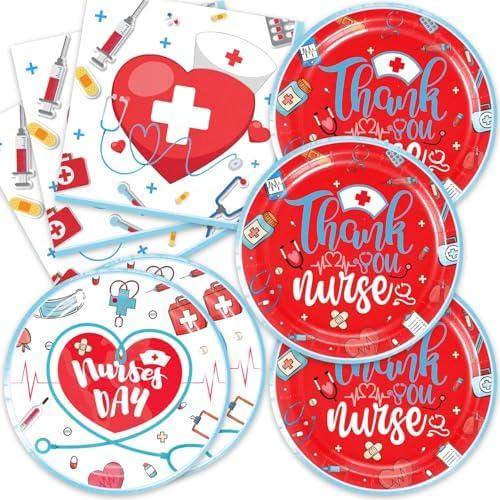 96 PCS Nurses' Day Party Supplies Nurse Graduation Decorations Red Heart Plates and Napkins Serve 24 Guests