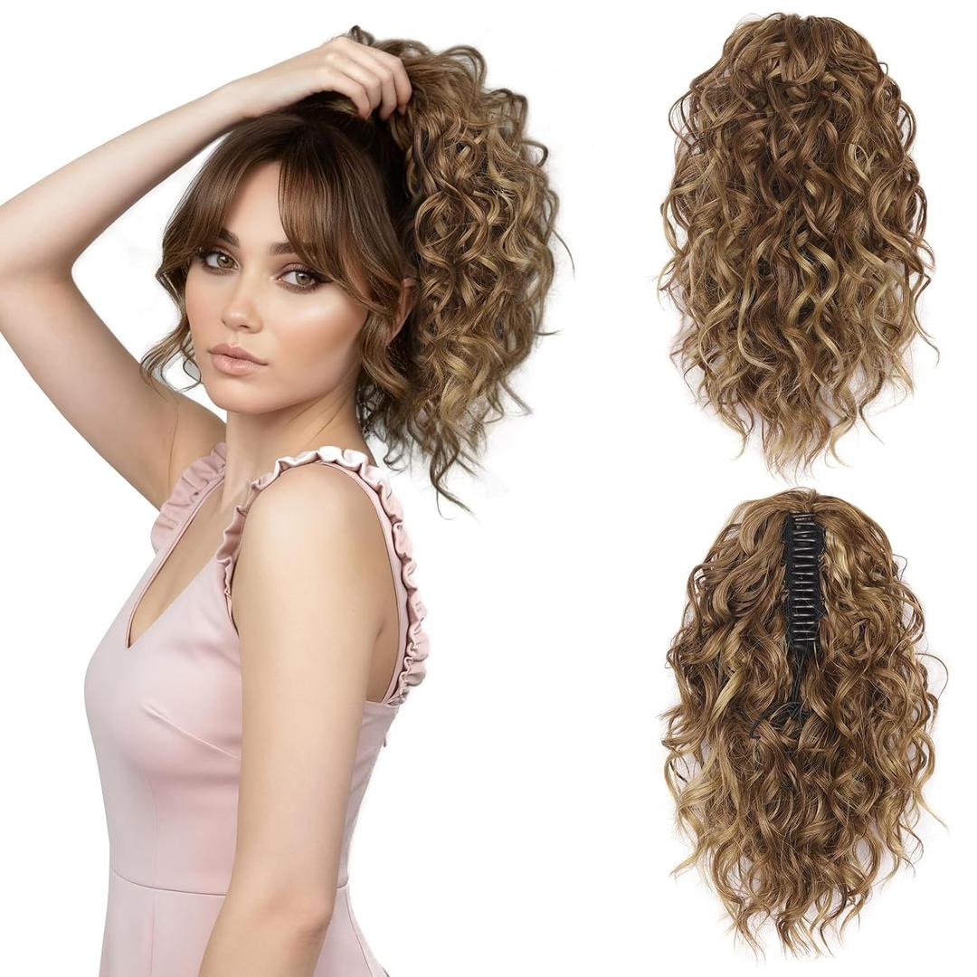 12 Inch Curly Ponytail Extension - Clip in Ponytail Hair Extensions, Natural Claw Clip Ponytail Extension, Synthetic Clip on Ponytails for Women (Color: Light Brown with Blonde Highlights)