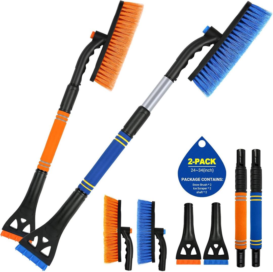 2Pack Ice Scrapers for Car Windshield, 2-in-1 Snow Scraper and Snow Brush for Car SUV Truck, Car Ice Windshield Scraper for Ice and Snow with 360 Pivoting Brush and Ergonomic Foam Grip Blue Orange