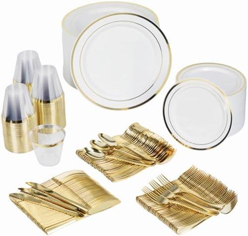 Prestee 600-Piece Disposable Party Dinnerware Set for 100 Guests - Gold Silverware Disposable with Plates, Cups, Knives, Forks, Spoons - Elegant Utensils for Wedding, Reception and Events Supplies