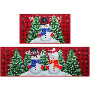 2 Pcs Christmas Kitchen mats for Floor, Red Black Buffalo Plaid Christmas Floor mats Kitchen Rugs Decor, Washable Microfiber Kitchen Carpet for Floor,Bathroom,Living Room,Doorway (Christmas Snowman)