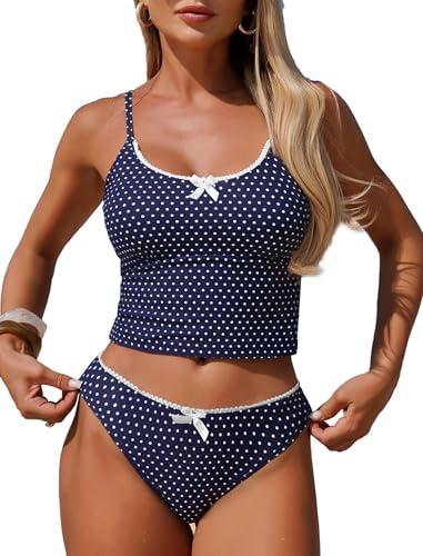 ZAFUL Womens Tankini Swimsuits Tummy Control High Cut Bow Decor Bathing Suits Two Piece Bikini Sets, Medium