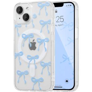 UEEBAI Magnetic for iPhone 15 Plus Case & iPhone 14 Plus Case, Bow Case Compatible with MagSafe, Wireless Slim Clear Phone Cover Anti-Yellowing Shockproof Protective Cover for Women Girl - Baby Blue