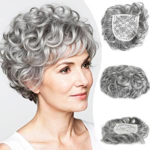 Breathable Short Curly Topper Hair Piece for Women with Thinning Hair Real Human Hair,Silver Gray Color Natural Layered Short Curly Human Hair Topper Clip in Hairpiece Wiglet (5")