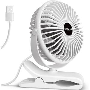 BESKAR Clip on Fan, 360 Rotation Quiet Stroller Fans with Strong Airflow,3 Speeds, Portable Small Fans with Sturdy Clamp, Perfect Personal Cooling Fan for Office Table Bedroom Kitchen (White)