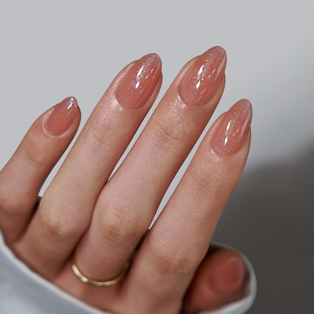 BTArtbox Press On Nails Short - Lamp-Curable Sparkly Almond Press On Nails with Glue for Women, Semi-Transparent Soft Gel Glue On Nails in 16 Sizes - 32 Stick On Nails Kit, Citrine Glow