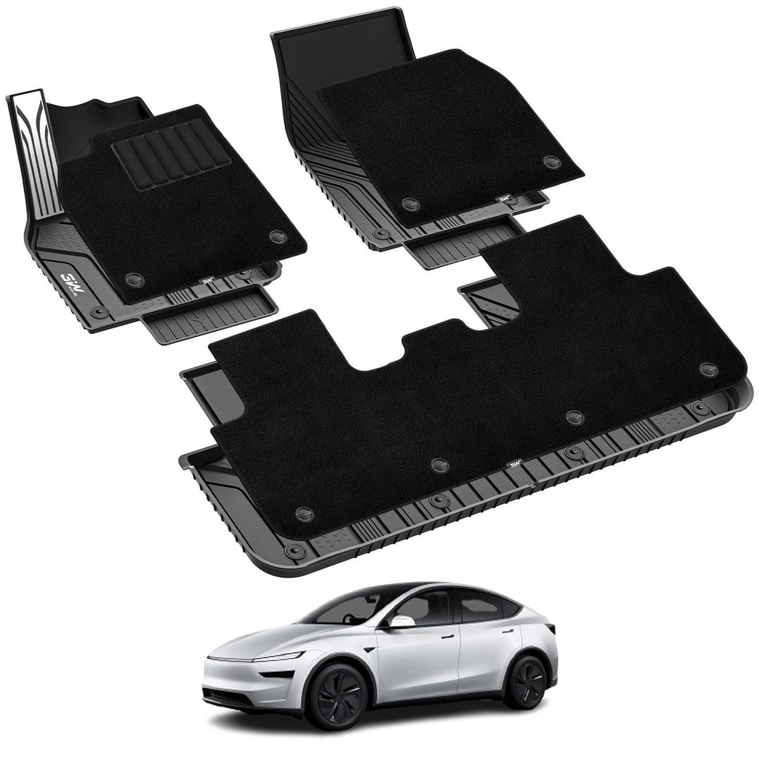 3W Tesla Model Y Juniper Floor Mats with Carpets, Metal Pedal, Double Layer, All Weather TPE Waterproof Custom Fit Automotive Car Floor Liners, Vigormold™