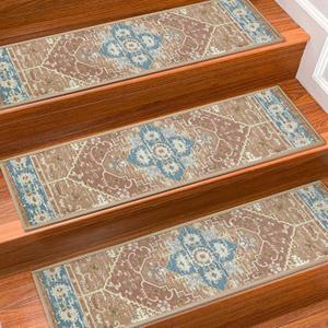 Stair Treads for Wooden Steps Indoor, 15 Pack 8" X 30" Non Slip Carpet Stair Treads with Reusable Adhesive for Kids Elders and Dogs, TPR Backing Stair Rugs Oriental Staircase Step Treads,Bohemia (Orange)