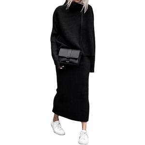 chouyatou Women's Turtleneck 2 Piece Outfits Ribbed Knit Sweater Midi Pencil Skirt Set (Small, Black)
