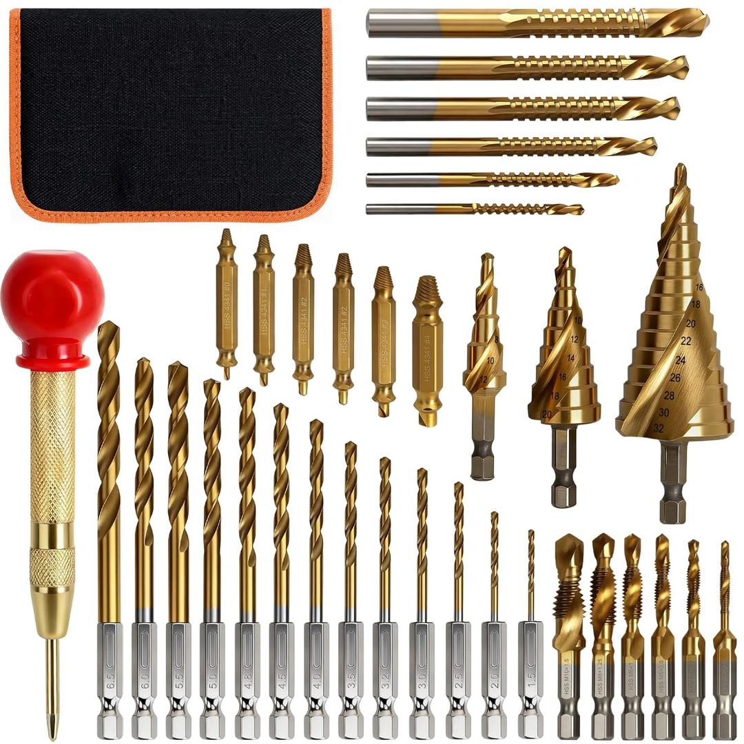 35 PCS Drill Bits Set, 3 Step Drill Bits, 13 Twist Drill Bits, 6 Taps(M3-M10) and 6 Screw Extractors, High Speed Steel Drill Bit Kit Titanium Coated Bits for Plastic Wood Metal, with Storage Bag
