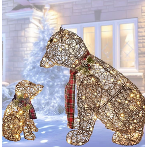 Lighted Rattan Polar Bear Family 2PCS - Large All-Weather Light Up Outdoor Christmas Décor for Front Yard and Lawn with 140 LED Lights, Zip Ties, Extension Cord, and Ground Stakes