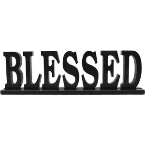 Attraction Design Rustic Wood Blessed Sign for Home Decor, Freestanding Tabletop Decor, 16.5" X 5" Black Blessed Block Letters Sign for Family Mantel