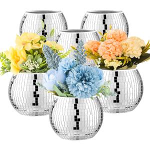 6 Pcs Disco Ball Vase Disco Ball Planter for Centerpieces Disco Ball Decor Flower Vase with Silver Mirror Glass for Wedding, Birthday, Party (3" X 4")