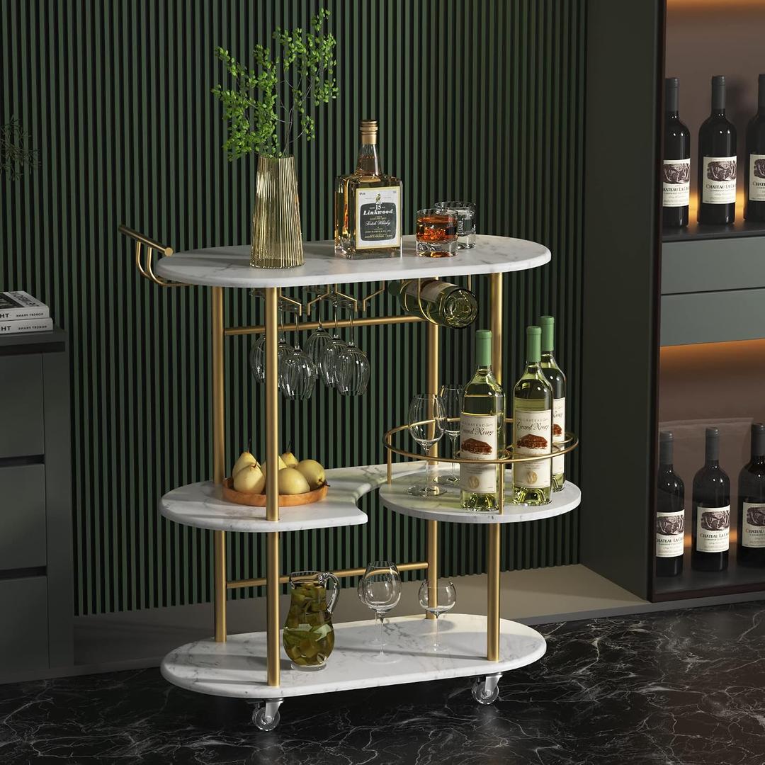Gold Bar Carts with 4-Tier Storage Shelves, Mobile Bar Serving Cart with Wine Rack and Glass Holder, for The Home, Kitchen, Living Room, Dining Room, 15.75 x 32.95 x 37.4 inches