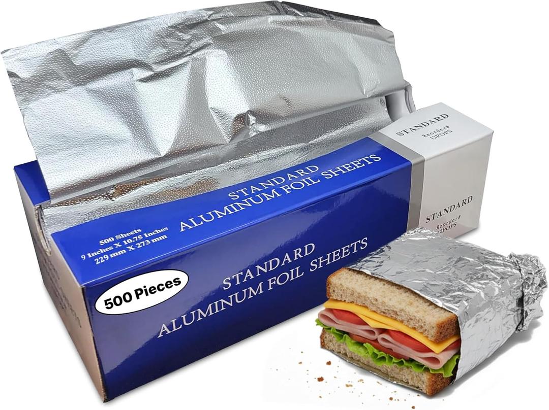 Aluminum Foil Sheets, 500 Count  9" x 10.75" Pre-Cut Pop-Up Dispenser for Food Wrap, Sandwich Wrap, Hair Foils, Food Storage, Baking, Catering, Restaurant, Salon Use
