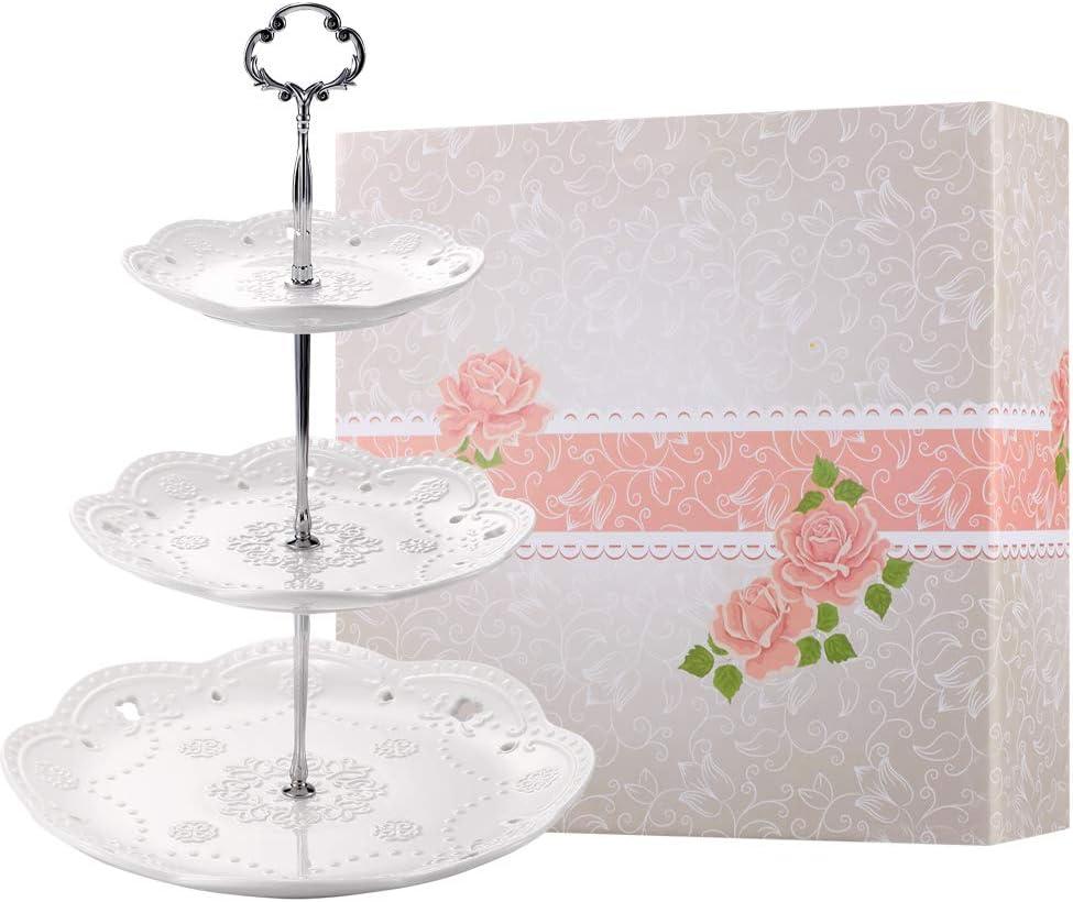 3-Tier Porcelain Cupcake Stand Serving Tray - White Embossed Elegant Dessert Cake Stand - Pastry Serving Stand for Tea Party, Wedding and Birthday