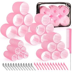 4 Sizes Self-Grip Hair Rollers Set for Long, Short Hair and Bangs - 50 Pcs with Clips (25mm, 36mm, 48mm, 60mm), Pink