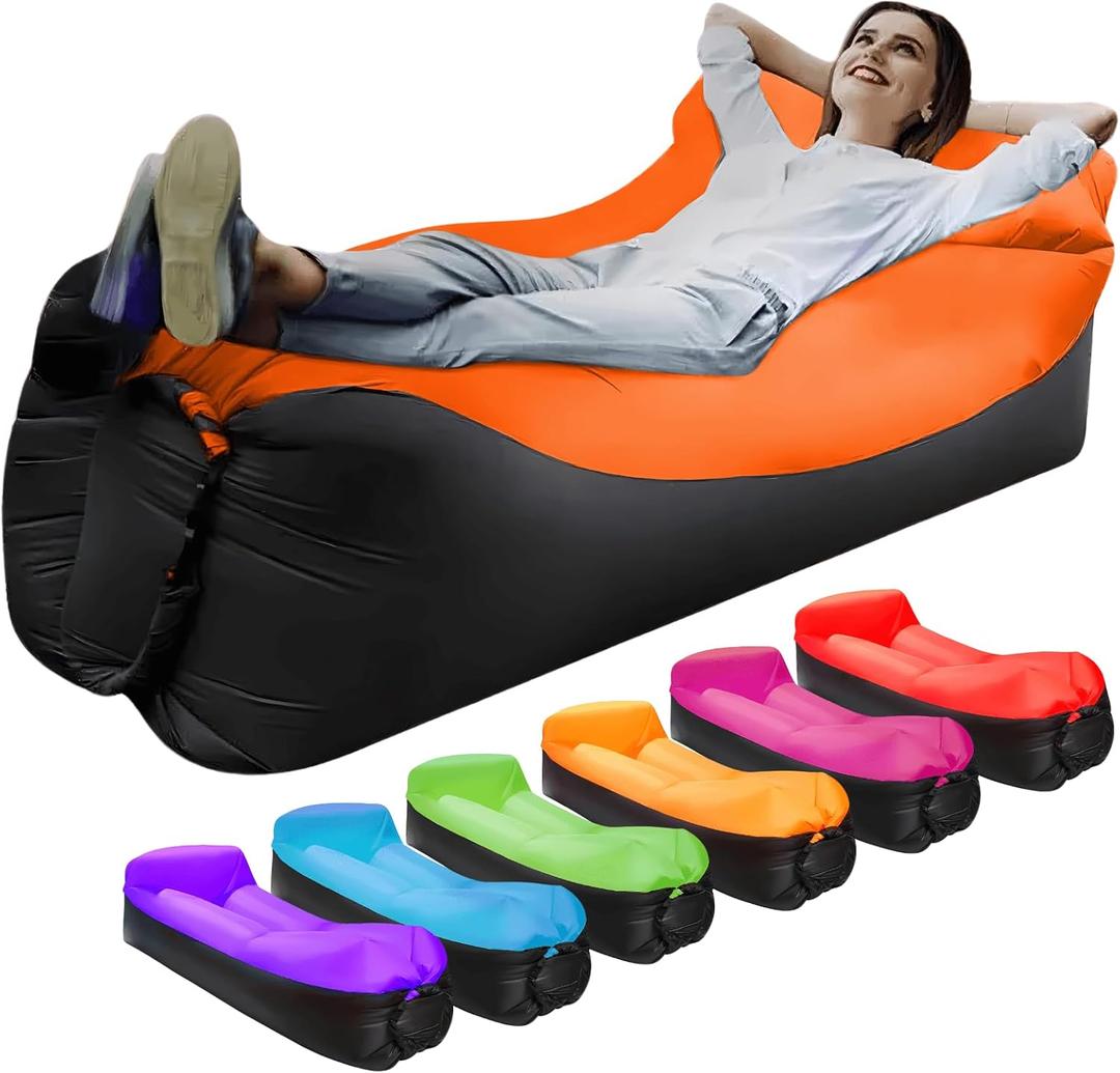 Inflatable Lounger Air Sofa Hammock, Inflatable Couch for Camping, Perfect for Beach Chair Waterproof Anti-Air Leaking Pouch Couch Air Chair for Outdoor, Beach, Hiking (Orange and Pink) 2 PAck