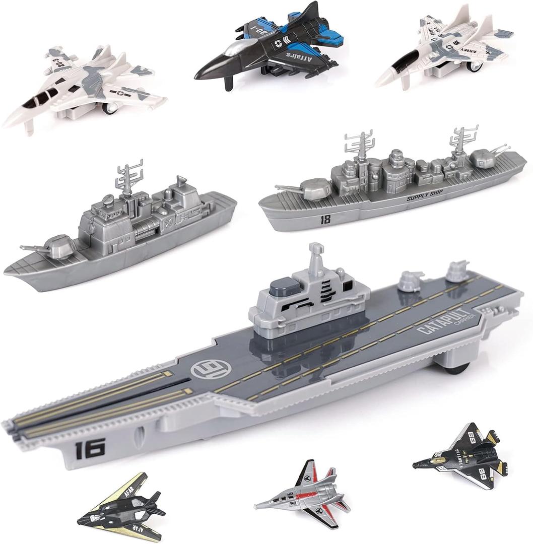Aircraft Carrier Military Naval Ship with Pull Back Army Fighter Jet Toy Small Scale Model Plane Submarine Kids' Play Vehicle Set for Boy Girl Children