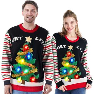 JOYIN Ugly Christmas Sweater Women Men Couples, LED Light Up Ugly Christmas Sweater Kids 2025 Striped Tree(Black) (L)