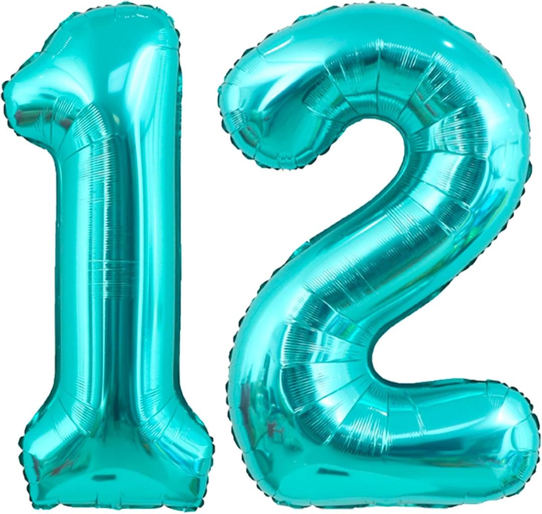 40 Inch Big Teal Blue Number 12 Foil Mylar Helium Balloons 0-9 Large Digital 12th for Birthday Anniversary Graduation Decorations