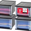 IRIS USA 17 Qt. Medium Plastic Stacking Drawer, Stackable Storage Organizer Unit with Sliding Drawer for Bedroom Kitchen Under Sink Pantry Craft Room Dorm Office, Black, 4-Pack