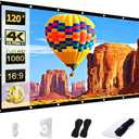 AAJK Projector Screen 120 inch, Washable Projector Screen 16:9 Foldable Anti-Crease Portable Projector Movies Screen for Home Theater Outdoor Indoor Support Double Sided Projection